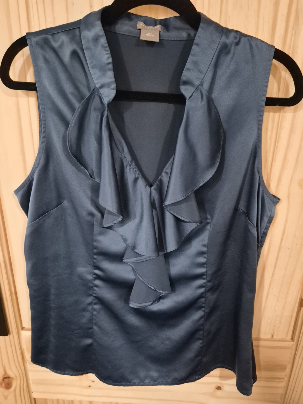 Ann Taylor Sleeveless Ruffle V-Neck Top in Deep Teal Blue